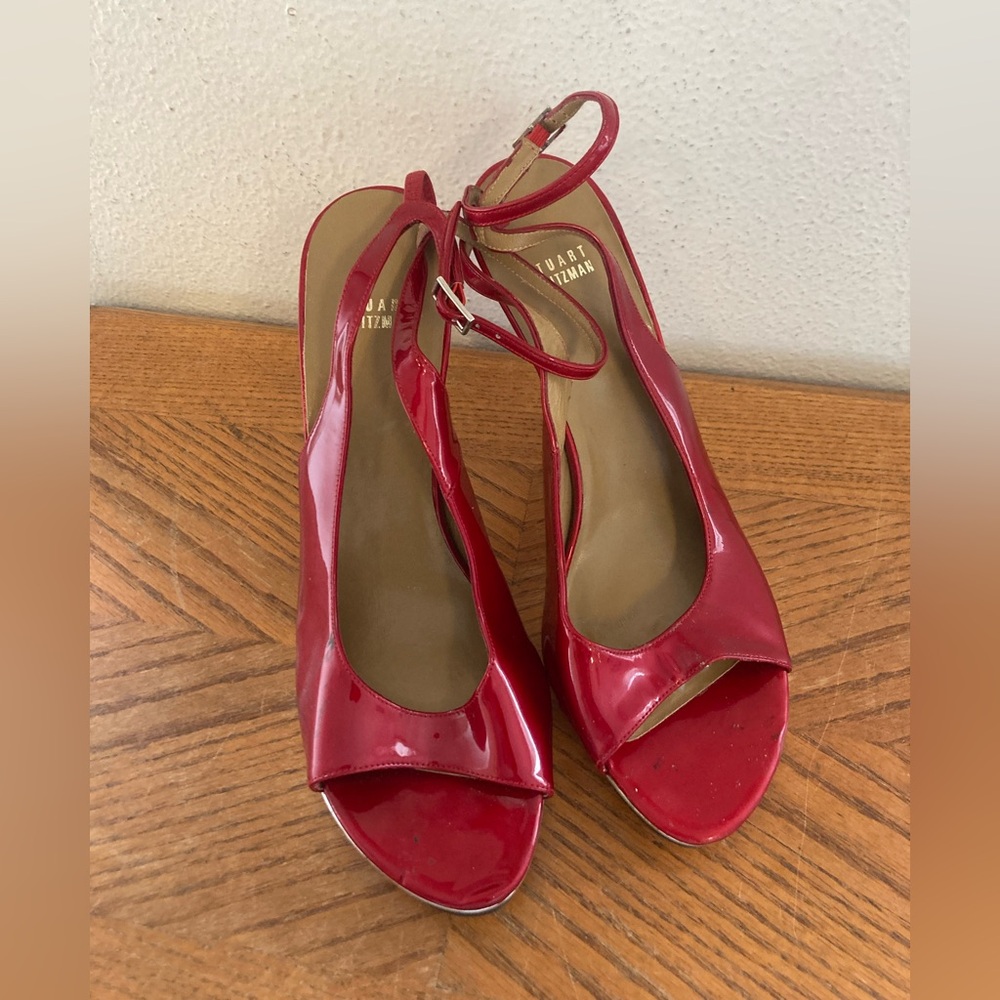 STUART WEITZMAN Red and Silver Platform Peep Toe Ankle Strap Heels (11M)